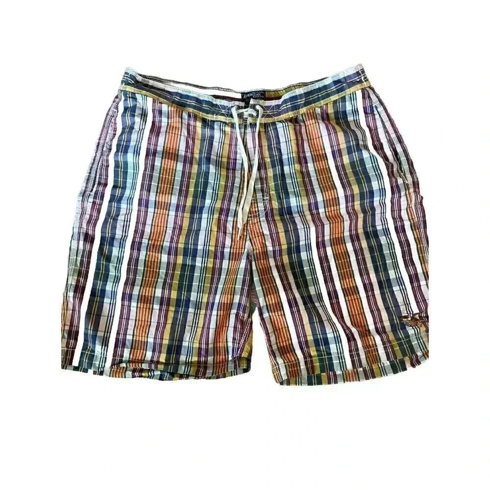 American Living Swim Trunks Plaid Preppy Men's Size L Tie Front Shorts
